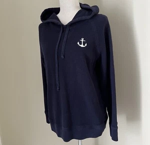 J Crew Womens Hoodie Pullover Sz L Navy Blue White Anchor Nautical Beach Preppy - Picture 1 of 6