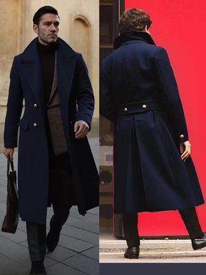 Abrigos largos de hombre de negocios mezcla de lana abrigos de solapa de pico de doble botonadura chaqueta Foto 1 de 3