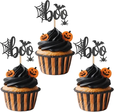 24 peças enfeites de cupcake de Halloween, enfeites de cupcake Boo, festa assustadora de Halloween De - Imagem 1 de 4
