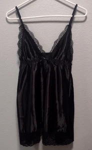 BLACK SATIN BABYDOLL NIGHTY & G-STRING SET LACE TRIM SIZE XL NEW~h8 - Picture 1 of 4