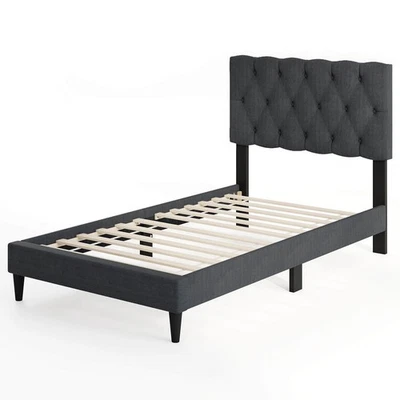 Twin Size Bed Frame with Button-Tufted Headboard & Wooden Slats Easy Assembly - Image 1 of 4