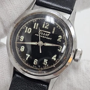 Tissot Aquasport Swiss Black Dial Vintage 1940s Mens Wrist Watch 17 Jewel Rare - Picture 1 of 13