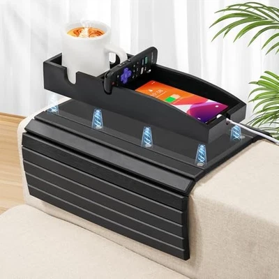  Couch Cup Holder, 3-in-1 Magnetic Detachable Couch Arm Tray, Bamboo Sofa Black - Image 1 of 4