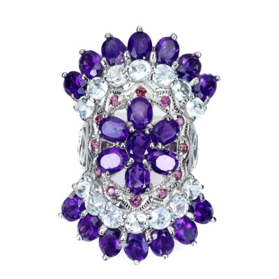 925 Sterlingsilber Ring Oval Amethyst Aquamarin Rhodolith Edelstein Größe 8.5 - Bild 1 von 4