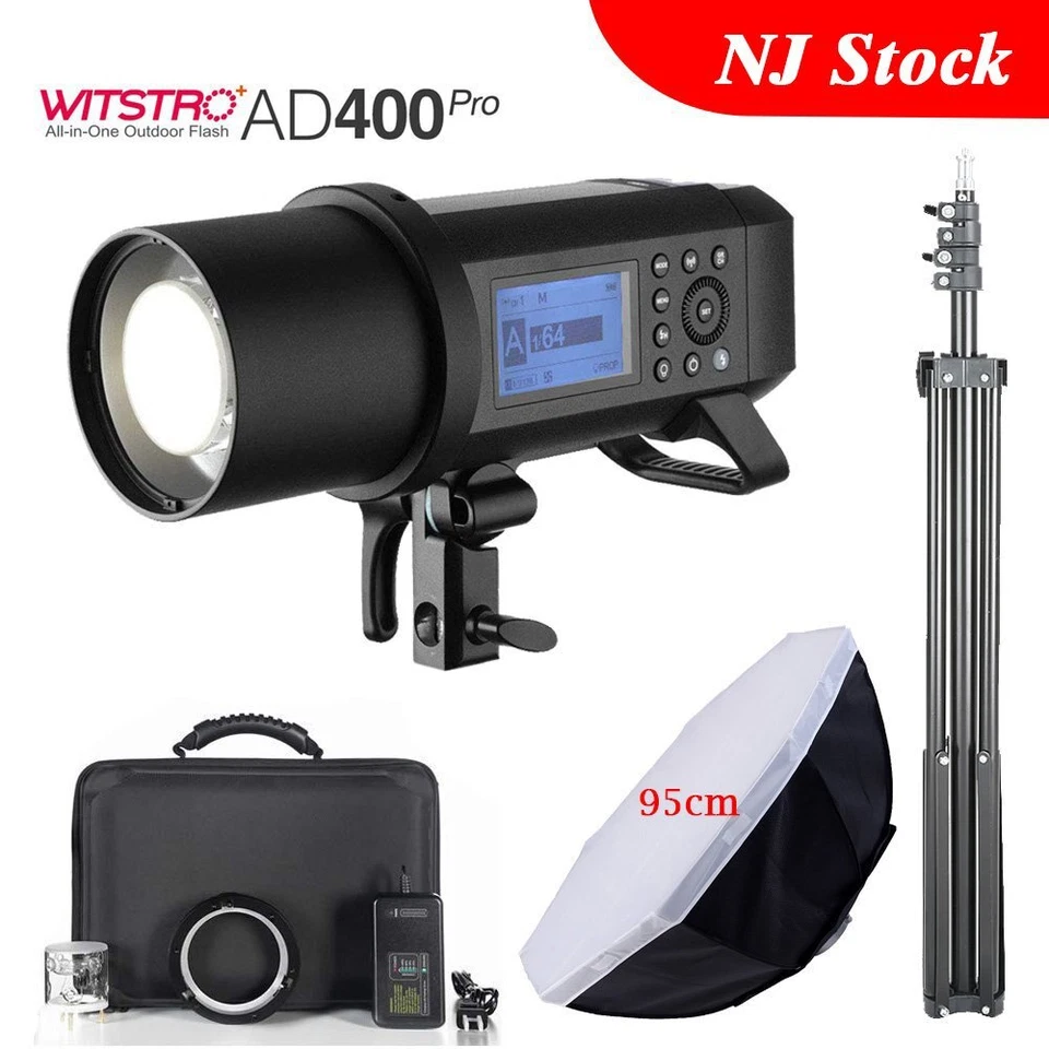 US Godox AD400Pro 2.4G TTL HSS Studio Flash Light + 95cm Softbox 2m Stand Kit - Image 1 of 4