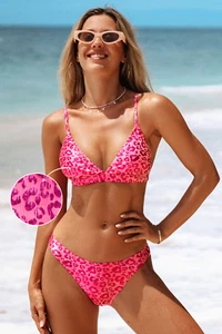 Size 12 (M) | Cupshe Pink Leopard V-Neck Top & Low Rise Swim Bikini Set | CPE32 - Picture 1 of 5