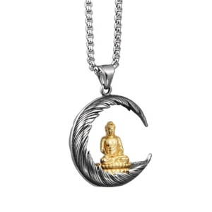 Gold Mens Womens Stainless Steel Tibet Buddhist Buddha Pendant Necklace - Picture 1 of 10