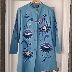 NWT Indigo Moon Women's Size M Blue White Boho Embroidered Lined Long Jacket - Picture 1 of 7