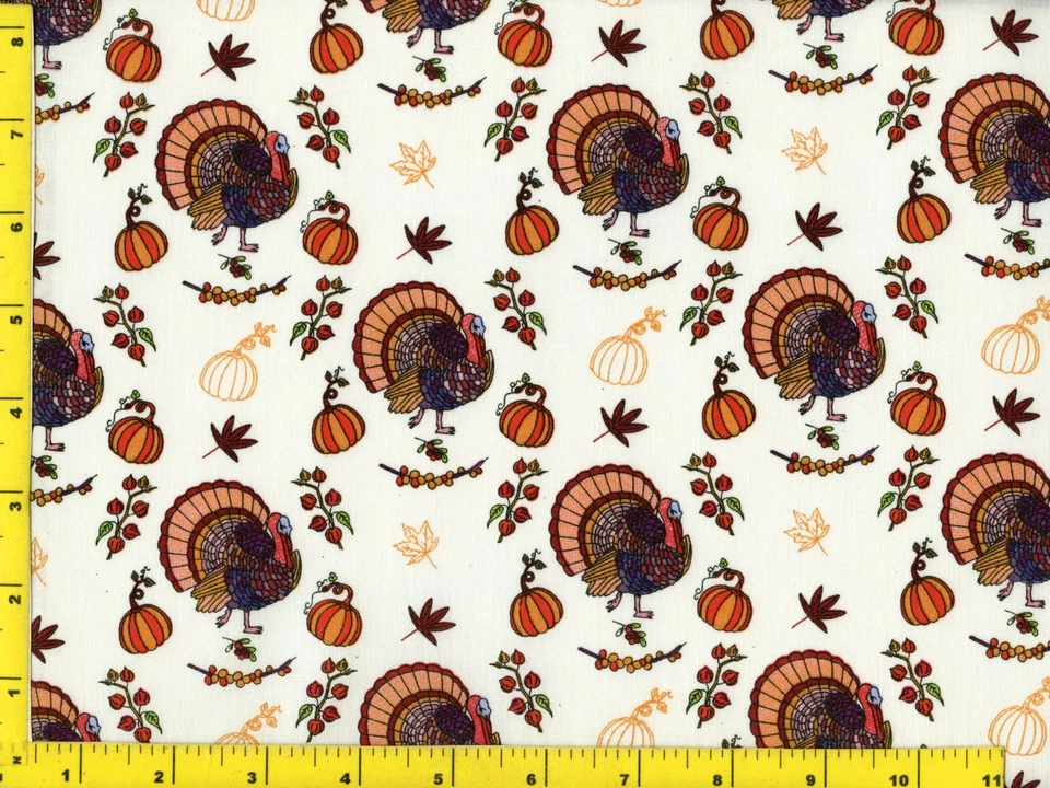 MDG Turkeys Pumpkins Berries on White Quilting Sewing Fabric by Yard #869