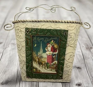 Tin Metal Santa Wall Pocket Bucket Planter Painted Distressed Cream Card Holder - Picture 1 of 11
