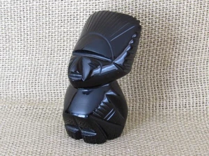 Vtg Hand Carved Jet Black Obsidian Aztec Mayan Statue Figure ~ Unique Headdress - Picture 1 of 8