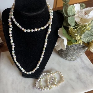 Honora Freshwater Pearl & Gem Stone Chip Bead Stretch 3 Bracelets & Necklace - Picture 1 of 9