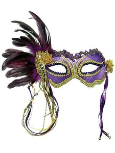 Purple Metallic Eyemask With Feather Adults Opera Masquerade Mask Ball Fancy Dre - Picture 1 of 1