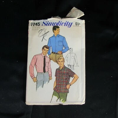 Simplicity Pattern 7745 Mens Dress Casual Shirt Neck 15.5 Chest 40 Cut Vtg 1968 - Image 1 of 3