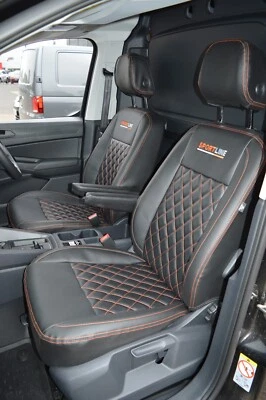 VW Caddy MK4 2020 Onwards Tailored Seat Covers Black & Orange Diamond stitching - Image 1 of 2