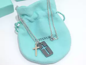 Tiffany & Co. Sterling Silver & Black Titanium Cut Out Cross Pendant 20" - Picture 1 of 5