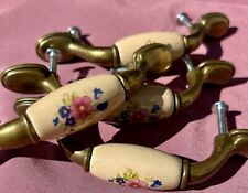 Vintage Porcelain/Brass Floral Cabinet Drawer Handle Pulls Knobs Set Of Four