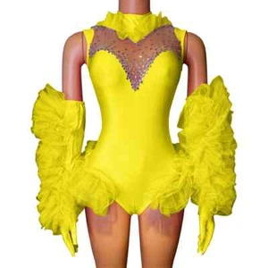 Women Dance Costume Sexy Performance Stage Wear Bodysuit With Long Gloves - Picture 1 of 16