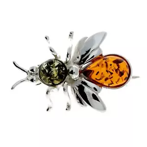 925 Sterling Silver & Real Baltic Amber Mix or Cognac Jewellery - Fly Brooch M80 - Picture 1 of 17