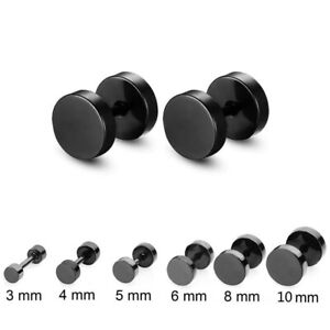 Pair Black Flat Round Barbell Plug Stud Earrings Stainless Steel Mens Gym 3-10MM