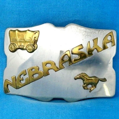 Nebraska Belt Buckle Horse & Wagon Nickel Silver Vintage 80s              XTT344 - Image 1 of 4