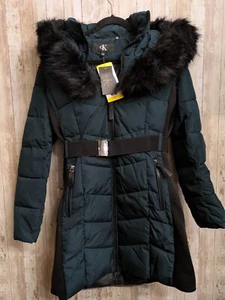 NWT WOMEN'S CALVIN KLEIN BELTED PARKA WITH FAUX FUR HOOD EMERALD GREEN PICK SIZE - Picture 1 of 4