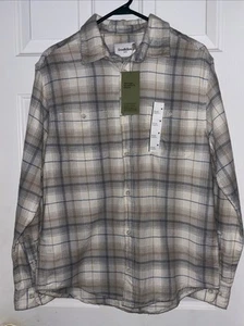 GOODFELLOW *NWT* Flannel Button Down Shirt Size Medium Tan Beige Blue Striped - Picture 1 of 5