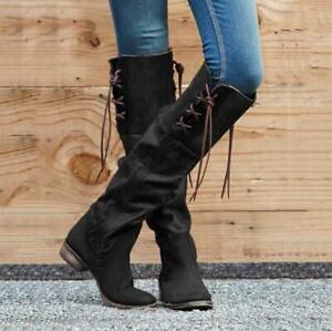 Womens Vintage Knee High Occident Leather Knight Boots Retro Ladies Shoes Chic