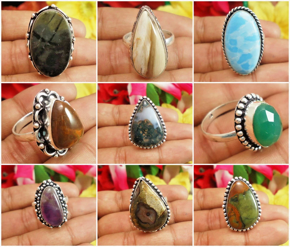 Кольцо с зеленым мхом агатом ларимаром аметистом драгоценным камнем серебряное покрытие размер 8,5 дюйма U106P - Изображение 1 из 1