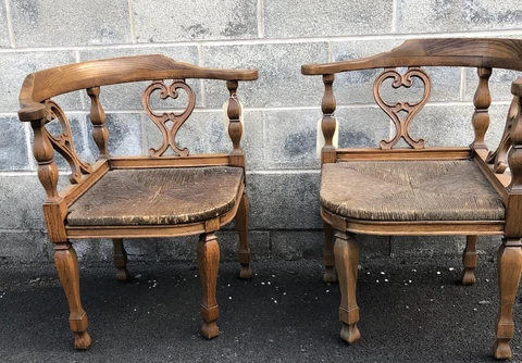 Antique Carved OAK & WOVEN RUSH SEAT CORNER CHAIRS Set Of Two Cover