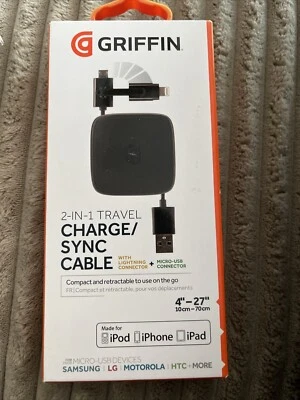 Griffin 2-in-1 Travel Charge/Sync Cable Retractable 4"-27" NEW FREE SHIP - Image 1 of 2