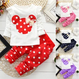 2 pezzi Minnie Mouse bambino bambina top maglietta + pantaloni vestiti a pois vestito - Foto 1 di 15