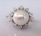 Gold Diamond Ring - 14ct White Gold Pearl Diamond Ring Size N 1/2 (Certificated)