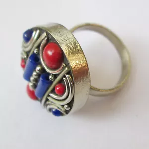 Anillo Ajustable Original Joyería Himalaya Natural Lapislázuli Azul Coral Plata Tibetana - Imagen 1 de 7