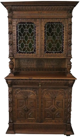 Antique Buffet Mechelen Renaissance 1890 Carved Oak Wooden Peg, Stained Glass Cover