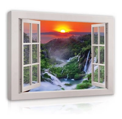 Leinwand Bilder Fenster Blick Wasserfall Wandbild XXL Bild Wohnzimmer Modern 581 - Bild 1 von 4