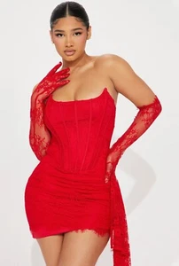 Fashion Nova Always Sweet Corset Mini Red Dress With Gloves - Picture 1 of 3