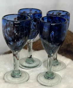 Vintage Set Of 4 Cobalt Blue Handblown Wine Glasses - Picture 1 of 9
