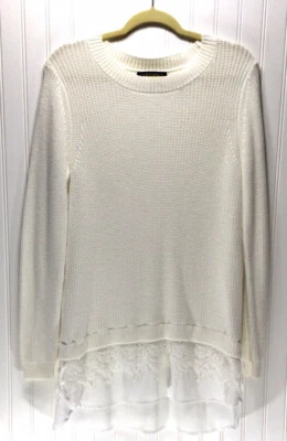 CONTEXT By Lord and Taylor Feminino Tamanho G Túnica de Malha Branca Suéter Acabamento de Renda Transparente - Imagem 1 de 4