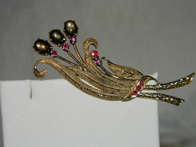 Винтажная брошь на булавке с рубиновым и коричневым звездчатым сапфиром 14 карат YG - Изображение 1 из 4