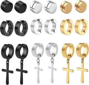 Stainless Steel Earrings for Men,9 Pairs Black Gold Cross Dangle Earrings, Fake - Picture 1 of 1
