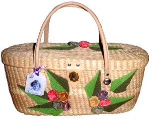VTG Woven Straw Handbag Raffia Floral 3D Flower Tote Basket Summer Picnic Mexico - Picture 1 of 17