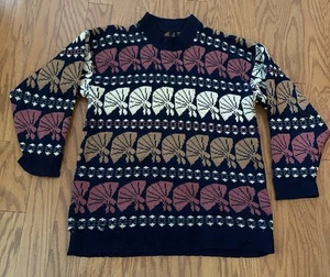 Vintage CHINESE FOLDING FAN Knit Sweater Size Large Grandma Style DISTRESSED - Picture 1 of 9