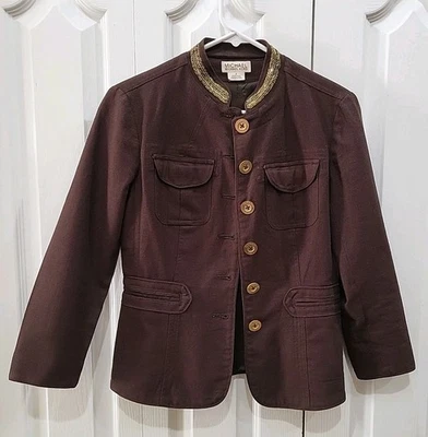 Michael Kors 4 Brown Linen Gold Button Beaded Collar 3/4 Sleeve Peplum Blazer - Image 1 of 4