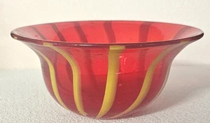 Murano Glass Bowl Italian Red & Yellow Stripes Vintage - Handblown - Picture 1 of 5