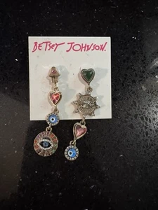 Betsey Johnson Gold Tone Linear Evil Eye Mismatch Drop Earrings Crystal NWT $48 - Picture 1 of 2