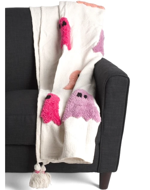 Boo Tufted Ghosts Cute Luxury Throw Blanket Handcrafted in India Tassel Hallowee - Image 1 of 4