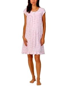 Eileen West kurzes Nachthemd Negligee rosa Print Flügelärmel 100% Baumwolle Strick L - Bild 1 von 3