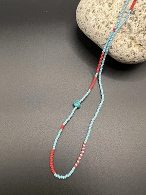 The Noisy Plume Handmade Glass Bead & Turquoise Necklace 28” - Image 1 of 4