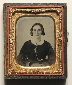 Ruby Ambrotype Photo Behind Glass Older Woman Gilded Chain and Broach 9th Plate  - Picture 1 of 6